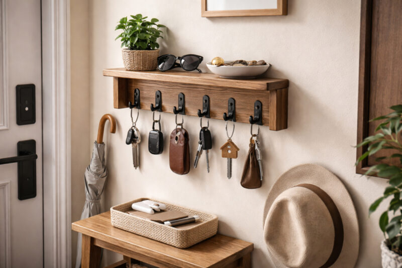 Zidni držač za ključeve sa drvenom policom postavljen pored ulaznih vrata u urednom hodniku