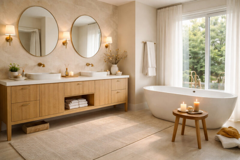 Moderno kupatilo sa kadom, drvenim ormarićem, prirodnim svetlom, mirisnim svećama i mirisnim štapićima