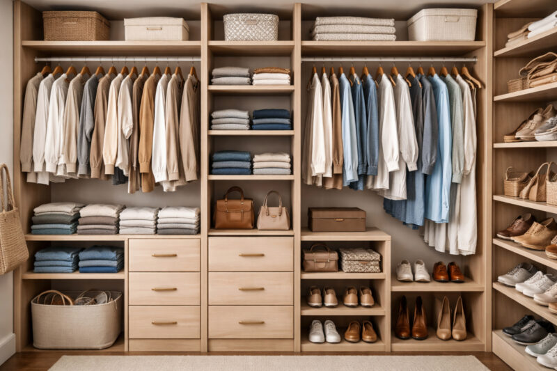 Garderober sa uredno složenim vešom po policama i garderobom okačenom na ofingere