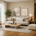 Moderan dnevni boravak sa otvorenim rasporedom, neutralnim tonovima, prirodnim drvetom, velikim prozorima i pažljivo odabranim dekorativnim detaljima