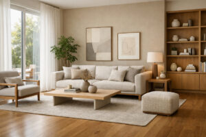 Moderan dnevni boravak sa otvorenim rasporedom, neutralnim tonovima, prirodnim drvetom, velikim prozorima i pažljivo odabranim dekorativnim detaljima