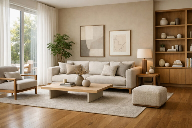 Moderan dnevni boravak sa otvorenim rasporedom, neutralnim tonovima, prirodnim drvetom, velikim prozorima i pažljivo odabranim dekorativnim detaljima