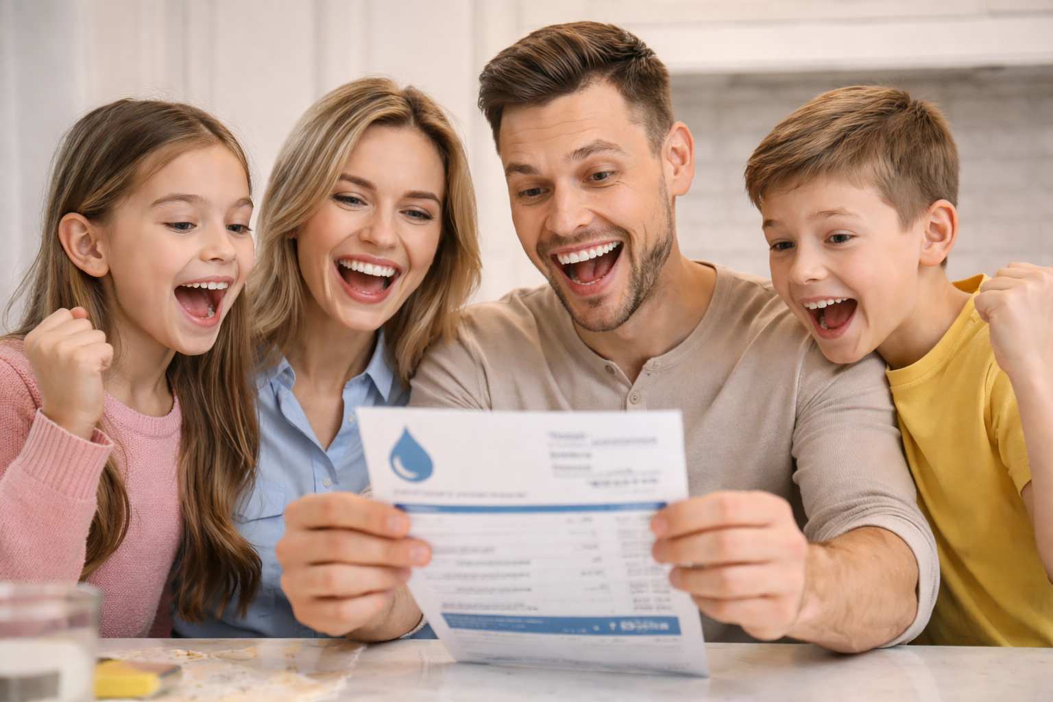 Srecna porodica koja je dobila nizak racun za vodu