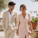 Muškarac u svetlom letnjem odelu i žena u elegantnoj pastelnoj haljini šetaju kroz baštu tokom svečane letnje proslave