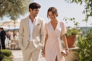 Muškarac u svetlom letnjem odelu i žena u elegantnoj pastelnoj haljini šetaju kroz baštu tokom svečane letnje proslave
