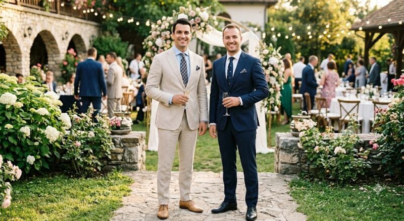 Dva muškarca u formalnim odelima na otvorenom venčanju. Muškarac s leve strane, u svetlobež lanenom odelu sa svetloplavom košuljom, kravatom s uzorkom i smeđim cipelama, i muškarac s desne strane, u tamnoplavom odelu sa belom košuljom, tamnoplavom kravatom i crnim cipelama